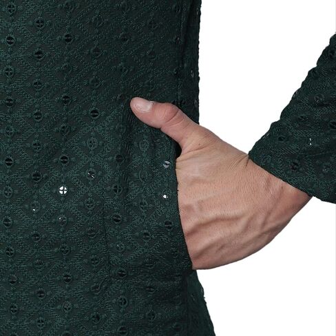 Sojanya (Since 1958, Men's Pure Cotton Mustard Embroidered Sequined Kurta and White Pyjama Set in Saudi Arabia