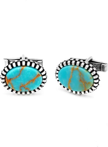أزرار أكمام للرجال من الفضة الإسترلينية النقية بنمط كلاسيكي من تشيكوتا مع حجر كريم فيروزي الشكل بيضاوي الشكل in Kuwait