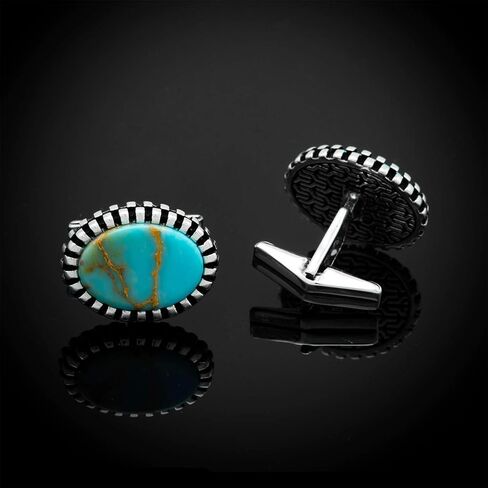 أزرار أكمام للرجال من الفضة الإسترلينية النقية بنمط كلاسيكي من تشيكوتا مع حجر كريم فيروزي الشكل بيضاوي الشكل in Kuwait