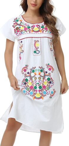 YZXDORWJ Women Mexican Embroidered Long Dress Ruffle Collar Maxi Boho Floral Summer Short Sleeve in Saudi Arabia