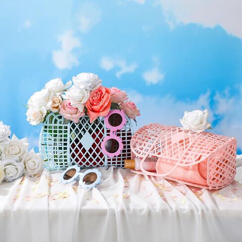 Sweetude 6 Sets Jelly Tote Bags with Flower Sunglasses for Girls Women 6 Plastic Jelly Bag Jelly Purse Reusable Beach Basket 6 Flower Glasses Beach Eyewear for Bridal Wedding Party Gift in Saudi Arabia