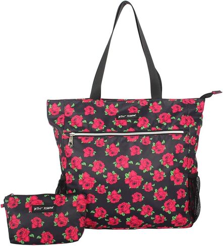 حقيبة حمل الشاطئ بسحاب من Betsey Johnson مقاس 15.6 بوصة مع حقيبة مستحضرات تجميل بوليستر خفيف الوزن وكبير ومتين مع جيوب جانبية شبكية للعمل في صالة الألعاب الرياضية، وردة مغطاة in Kuwait