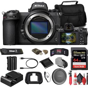 كاميرا Nikon Z7 II بدون مرآة (1653) + بطاقة ذاكرة سعة 64 جيجابايت + حقيبة + قارئ بطاقات + حامل ثلاثي مرن + حزام يد + محفظة ذاكرة + حافظة للأغطية + مجموعة تنظيف (متجددة) in Kuwait