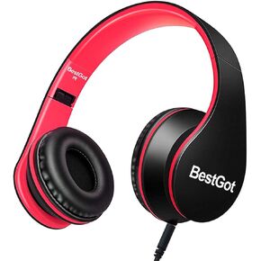 BESTGOT Kids Headphones for Kids Boys Over Ear Kids Headphones with Microphone in-line Volume Foldable Headphones with 3.5mm Plug Removable Cord (Black/Red)