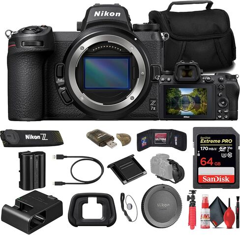 كاميرا Nikon Z7 II بدون مرآة (1653) + بطاقة ذاكرة سعة 64 جيجابايت + حقيبة + قارئ بطاقات + حامل ثلاثي مرن + حزام يد + محفظة ذاكرة + حافظة للأغطية + مجموعة تنظيف (متجددة) in Saudi Arabia