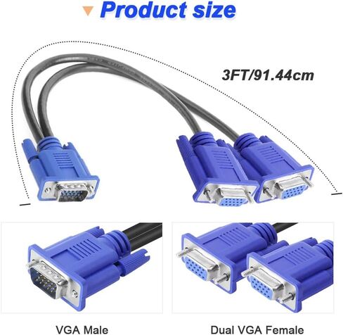 DKARDU VGA to Dual VGA Video Cable, 15 Pin 1080P Full HD VGA Male to Dual VGA Female Monitor Spitter Cable for Computer PC Laptops TV, with VGA Male to Male Adapter (2 Pack, 3FT) in Saudi Arabia