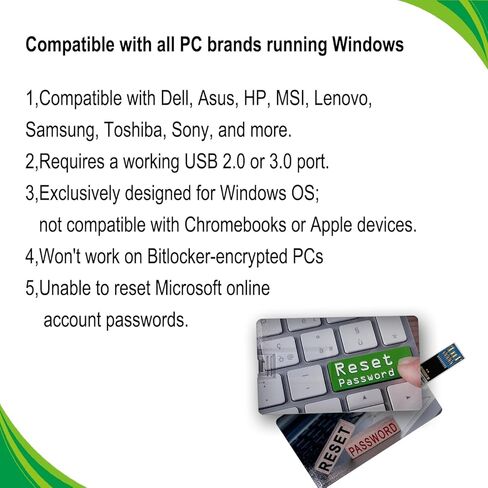 64GB اعادة تعيين كلمة المرور USB | متوافق مع ويندوز 2000 واكس بي وفيستا و7 و10 | لا حاجة للاتصال بالانترنت | استعادة الوصول الى كلمات المرور المفقودة بسرعة | مناسب لاجهزة الكمبيوتر واللابتوب التي تعمل in Kuwait