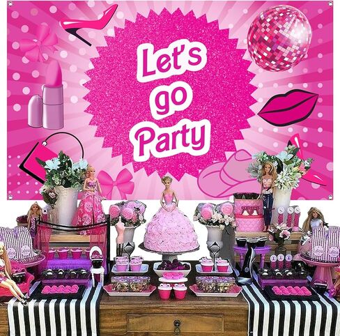 Hot Pink Let's Go Party Banner Princess Themed Banner Photo Frame Photography Background Girls Women Birthday Bachelorette Party Banner Decorations Photo Props Party Favor in Kuwait