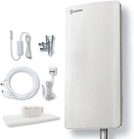 هوائي ANTOP ANTENNA "Big Boy" AT-400B المسطح HDTV مع Smartpass مضخم خارجي/داخلي، نطاق 80 ميل يدعم قنوات 4K 1080p وجميع أجهزة التلفاز القديمة للخارج، العلية، كابل محوري 40 قدم in Kuwait