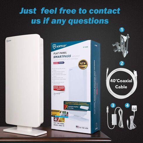 هوائي ANTOP ANTENNA "Big Boy" AT-400B المسطح HDTV مع Smartpass مضخم خارجي/داخلي، نطاق 80 ميل يدعم قنوات 4K 1080p وجميع أجهزة التلفاز القديمة للخارج، العلية، كابل محوري 40 قدم in Kuwait