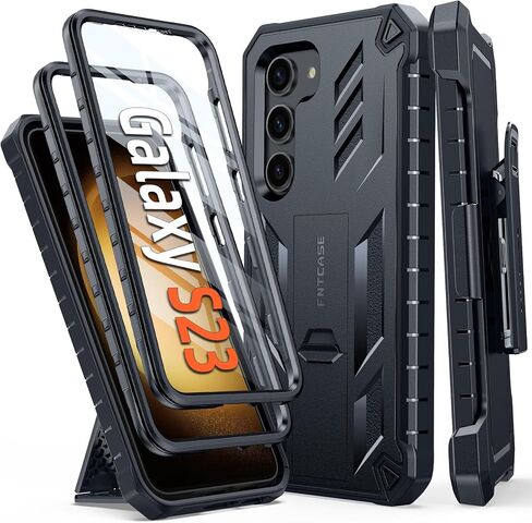 FNTCASE for Samsung Galaxy S23 Case: Rugged Shockproof Heavy Duty Protective Cover with Belt-Clip Holster & Kickstand |Extra Front Frame| Military Grade Protection Case for Galaxy S23 6.1 inch,Black in Kuwait