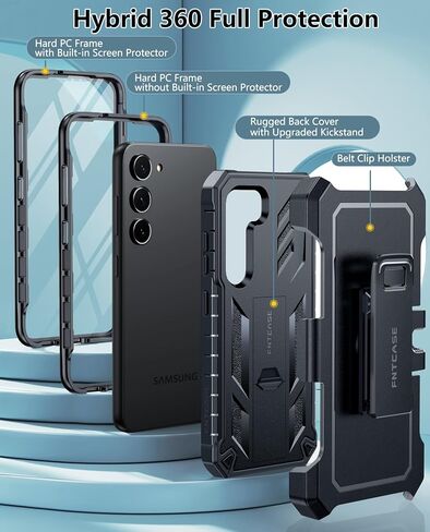 FNTCASE for Samsung Galaxy S23 Case: Rugged Shockproof Heavy Duty Protective Cover with Belt-Clip Holster & Kickstand |Extra Front Frame| Military Grade Protection Case for Galaxy S23 6.1 inch,Black in Kuwait