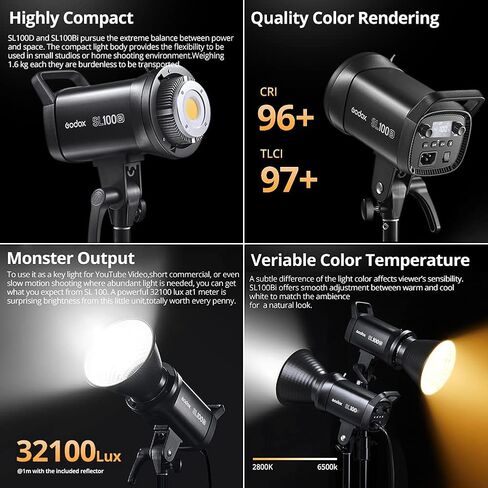 Godox SL100Bi 100W 2800-6500K أبيض أصفر لوحة ال سي دي ضوء فيديو LED خرج مستمر Bowens جبل ضوء استوديو مع P60 سريع التثبيت ، حقيبة حمل ، حامل ضوء in Kuwait