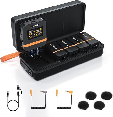 comica Vimo Q Wireless Lavalier Microphone System with 4 Transmitters and 1 Receiver, Noise Cancellation, 656' Range, Wireless Microphone for Camera, iPhone, Android, PC Interviews, Live-Streaming in Kuwait