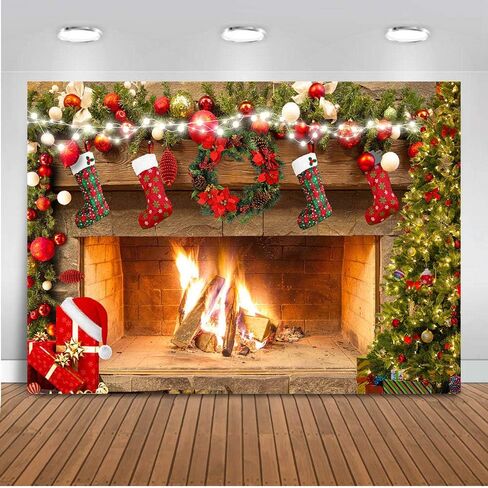 Mocsicka Fireplace Backdrop 5x3ft Merry Christmas Fireplace Family Party Decorations Picture Photo Backdrops Xmas Socks Trees Photography Background in Saudi Arabia