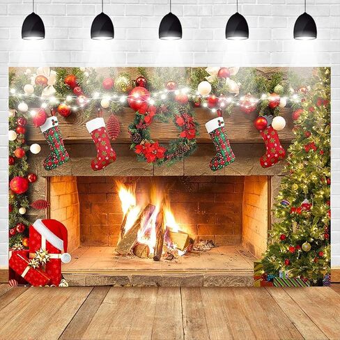 Mocsicka Fireplace Backdrop 5x3ft Merry Christmas Fireplace Family Party Decorations Picture Photo Backdrops Xmas Socks Trees Photography Background in Saudi Arabia