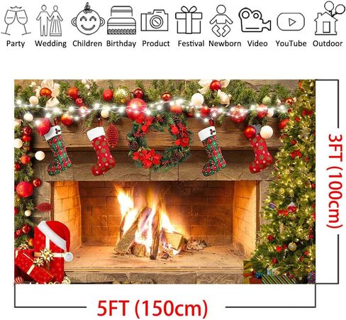 Mocsicka Fireplace Backdrop 5x3ft Merry Christmas Fireplace Family Party Decorations Picture Photo Backdrops Xmas Socks Trees Photography Background in Saudi Arabia
