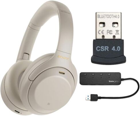 سوني سماعات رأس لاسلكية بخاصية الغاء الضوضاء WH-1000XM4 (فضي) حزمة مع موزع USB 3.0 4 منافذ ومحول دونجل بلوتوث USB للعمل من المنزل (3 عناصر) in Saudi Arabia