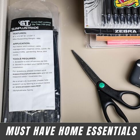 SunplusTrade أربطة بسحاب للكابل شديدة التحمل، أربطة سلكية بلاستيكية، أربطة بسحاب من النايلون ذاتية القفل للداخل والخارج (12 بوصة، أسود) in Kuwait