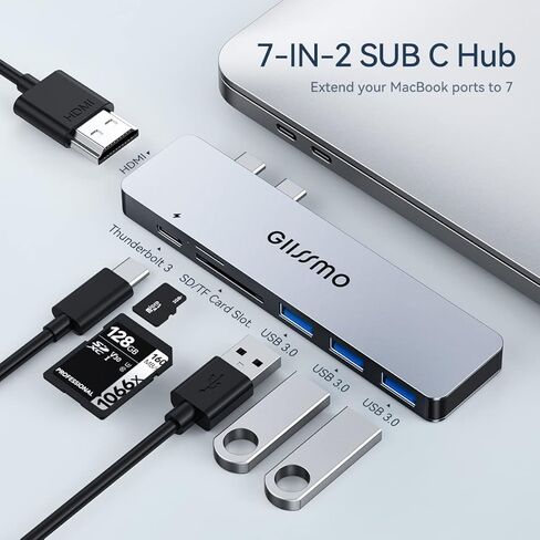 موزع USB C لماك بوك برو/اير M1، محول جيسمو 7 في 2 متعدد المنافذ ملحقات ماك بوك مع 4K HDMI، 3 USB 3.0، منفذ شحن ثاندربولت 3 100 واط، SD/TF، محولات USB C ماك بوك برو/اير 2021-2016 in Kuwait