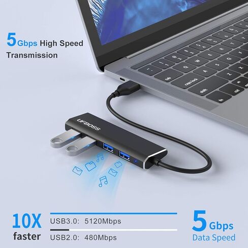 UFBOSS 4-Port 3.0 Hub، مركز بيانات محمول رفيع للغاية من الألومنيوم مع كابل USB 3.0 بطول 1 قدم لأجهزة MacBook وMac Pro/Mini وiMac وXPS وSurface Pro والكمبيوتر الشخصي ومحركات أقراص USB المحمولة والأقراص الصلبة والمزيد in Kuwait