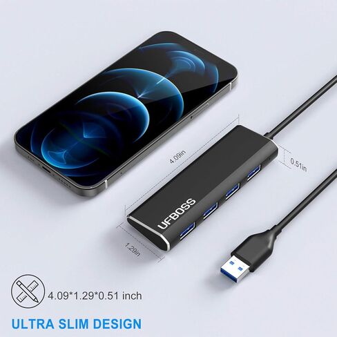 UFBOSS 4-Port 3.0 Hub، مركز بيانات محمول رفيع للغاية من الألومنيوم مع كابل USB 3.0 بطول 1 قدم لأجهزة MacBook وMac Pro/Mini وiMac وXPS وSurface Pro والكمبيوتر الشخصي ومحركات أقراص USB المحمولة والأقراص الصلبة والمزيد in Kuwait