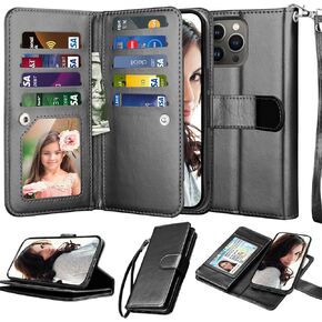 NJJEX Wallet Case for iPhone 14 Pro Max 6.7" 2022, for iPhone 14 Pro Max Case, [9 Card Slots] PU Leather ID Credit Holder Folio Flip [Detachable] Kickstand Magnetic Phone Cover & Lanyard [Rose Gold]