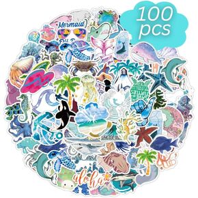 Adeela 100pcs Cute Summer Beach Stickers | Waterproof VSCO Stickers | Assorted Aesthetic Stickers | Cool Sticker Pack | Beach Themed | Sticker Packs for Kids Boys Girls Teens Adults