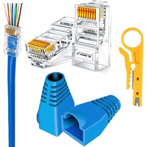 موصل CHZHLM RJ45 Cat6 يمر عبر Etnernet Cat6 ينتهي لأحذية تخفيف الضغط المطلية بالذهب 24AWG والأزرق 100 مجموعة (200 حزمة) قابس معياري 8P8C مع متجرد الأسلاك