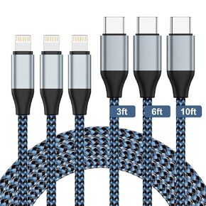 كابل Sundix USB C Lightning، 3 حزم (3/6/10FT) سلك iPhone [معتمد من MFi]، سلك شحن USB C سريع مجدول متوافق مع iPhone 14/13/13ProMax/12/11XS والمزيد (يستخدم مع شاحن حائط USB C) in Kuwait