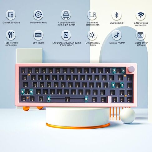 BOYI GMK67-65% Keyboard Kit,Hot-Swappable Bluetooth 5.0/2.4G/Type-C Tri-Mode Wireless RGB Mechanical Keyboard PCB Mounting Plate Kit EVA Sound Insulation Mat,Customized Keyboard Kit(Pink+Knob) in Kuwait
