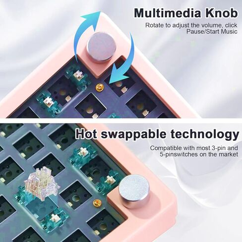 BOYI GMK67-65% Keyboard Kit,Hot-Swappable Bluetooth 5.0/2.4G/Type-C Tri-Mode Wireless RGB Mechanical Keyboard PCB Mounting Plate Kit EVA Sound Insulation Mat,Customized Keyboard Kit(Pink+Knob) in Kuwait