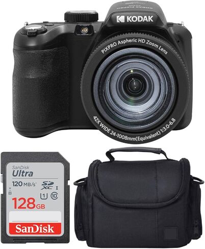 كاميرا Kodak PIXPRO AZ425 الرقمية + حافظة الكاميرا + بطاقة ذاكرة سعة 128 جيجابايت (أسود) in Kuwait