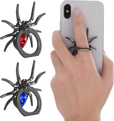 حاملات حلقات الهاتف الخلوي من cobee Spider، قطعتان من حامل إصبع الهاتف العنكبوت المعدني مع حجر كريستال زواحف رائعة ومقابض هاتف يدوية مع حلقة مقبض 180 درجة/360 درجة حامل حلقي للهاتف (أزرق + أحمر) in Kuwait