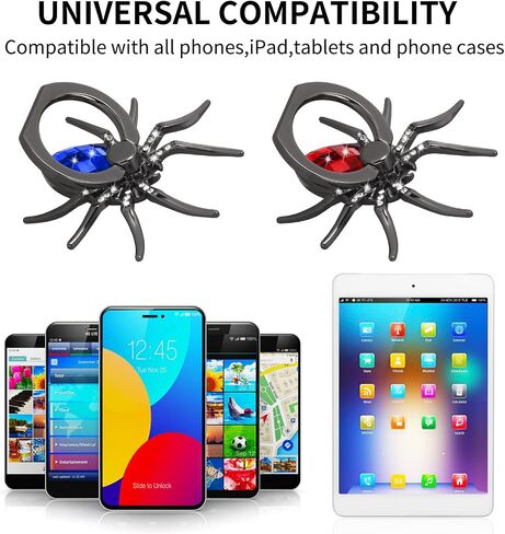 حاملات حلقات الهاتف الخلوي من cobee Spider، قطعتان من حامل إصبع الهاتف العنكبوت المعدني مع حجر كريستال زواحف رائعة ومقابض هاتف يدوية مع حلقة مقبض 180 درجة/360 درجة حامل حلقي للهاتف (أزرق + أحمر) in Kuwait