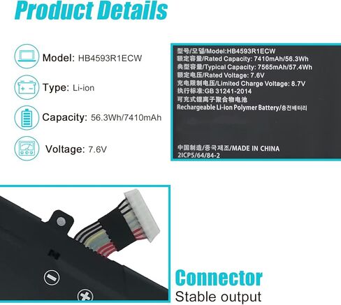 بطارية الكمبيوتر المحمول HB4593R1ECW 56.3Wh متوافقة مع Huawei Matebook X Pro i7 Mach-W29 2019 MACH-W19B MACH-W29C KPL-W00 KLV-W19 VLT-W60/50 MagicBook i5 8250U i7 8550U R5 2500U Series 7.6V 7410mAh in Kuwait