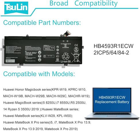 بطارية الكمبيوتر المحمول HB4593R1ECW 56.3Wh متوافقة مع Huawei Matebook X Pro i7 Mach-W29 2019 MACH-W19B MACH-W29C KPL-W00 KLV-W19 VLT-W60/50 MagicBook i5 8250U i7 8550U R5 2500U Series 7.6V 7410mAh in Kuwait