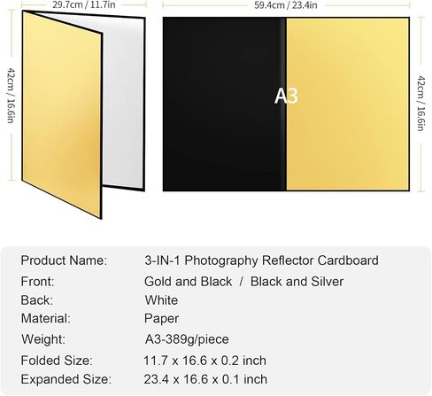 Meking 17 x 12 in /43 x 30 cm Light Reflector Photography Cardboard, 3-in-1 | Studio Foldable Light Diffuser Board for Still Life Product and Food Photo Shooting - Gold, Black, White in Saudi Arabia
