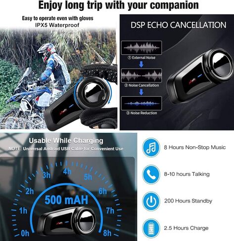QSPORTPEAK Motorcycle Helmet Bluetooth Intercom Kit, M2 1000M 5.0 Bluetooth Motorcycle Helmet Communication Systems Up to 6 Riders with Noise Cancellation, FM, Hands-Free, Waterproof (1 Pack) in Saudi Arabia