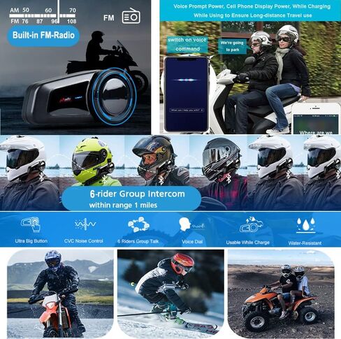 QSPORTPEAK Motorcycle Helmet Bluetooth Intercom Kit, M2 1000M 5.0 Bluetooth Motorcycle Helmet Communication Systems Up to 6 Riders with Noise Cancellation, FM, Hands-Free, Waterproof (1 Pack) in Saudi Arabia
