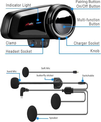 QSPORTPEAK Motorcycle Helmet Bluetooth Intercom Kit, M2 1000M 5.0 Bluetooth Motorcycle Helmet Communication Systems Up to 6 Riders with Noise Cancellation, FM, Hands-Free, Waterproof (1 Pack) in Saudi Arabia