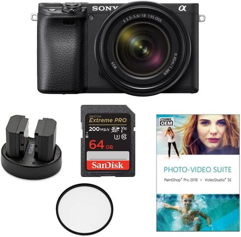 Sony Alpha a6400 Mirrorless Digital Camera with 18-135mm Lens (Black) with Photo and Video Suite, Memory Card, Rechargeable Battery (2-Pack) and Dual Charger, and Lens Protection Filter (6 Items) in Saudi Arabia
