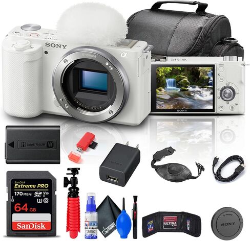 Sony ZV-E10 Mirrorless Camera (Body, White) (ILCZV-E10/W) + 64GB Memory Card + Bag + Card Reader + HDMI Cable + Flex Tripod + Hand Strap + Memory Wallet + Cleaning Set (Renewed) in Saudi Arabia