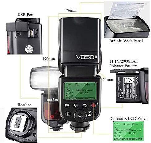 Godox V850ii GN60 1/8000s HSS فلاش الكاميرا Speedlight متوافق مع جميع الكاميرات ذات العلامات التجارية 650 قوة كاملة بوبس 1.5 ثانية وقت إعادة التدوير 2000 مللي أمبير بطارية قابلة للشحن (V850II) in Saudi Arabia