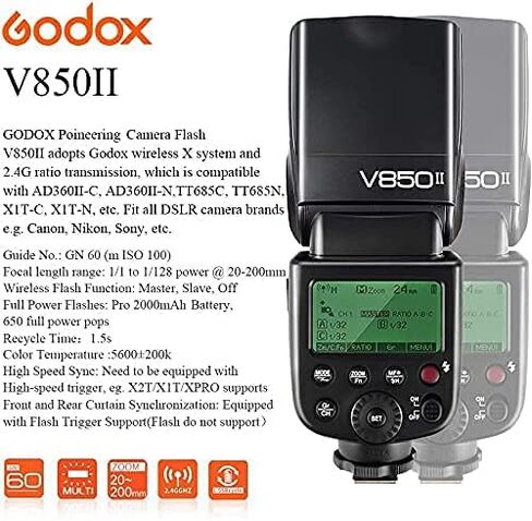 Godox V850ii GN60 1/8000s HSS فلاش الكاميرا Speedlight متوافق مع جميع الكاميرات ذات العلامات التجارية 650 قوة كاملة بوبس 1.5 ثانية وقت إعادة التدوير 2000 مللي أمبير بطارية قابلة للشحن (V850II) in Saudi Arabia