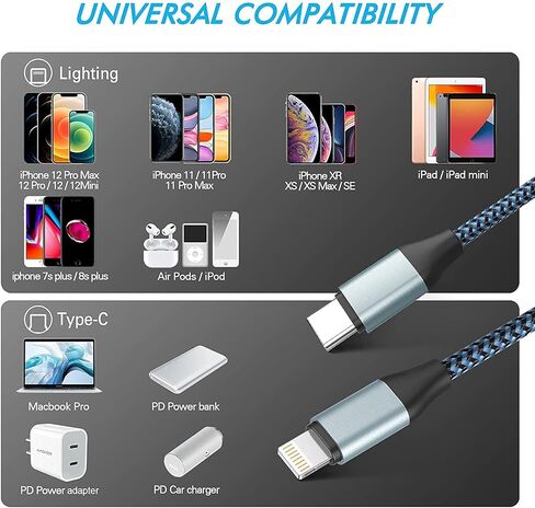 كابل Sundix USB C Lightning، 3 حزم (3/6/10FT) سلك iPhone [معتمد من MFi]، سلك شحن USB C سريع مجدول متوافق مع iPhone 14/13/13ProMax/12/11XS والمزيد (يستخدم مع شاحن حائط USB C) in Kuwait