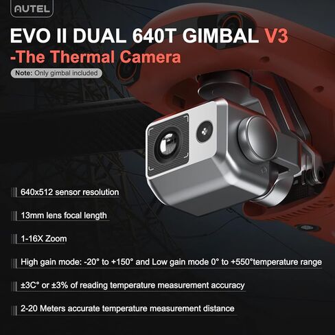 كاميرا Autel Robotics EVO II Dual 640T Gimbal V3، تصوير حراري 640*512@30 إطارًا في الثانية، مستشعر RYYB CMOS 8K مقاس 0.8 بوصة، 10+ أوضاع قياس درجة الحرارة، أداة تحليل حراري F-ree، متوافقة مع EVO II Pro Enterprise V3، EVO II Pro RTK V3، EVO II Dual 640T V3 in Kuwait
