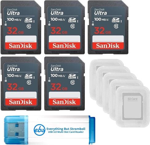 بطاقة ذاكرة سانديسك الترا اس دي سعة 32 جيجابايت، 5 حزم SDHC UHS-I فئة 10 (SDSDUNR-032G-GN3IN) مع 5 حافظات لبطاقات SD وقارئ بطاقات كل شيء ما عدا سترومبولي 3.0 in Saudi Arabia