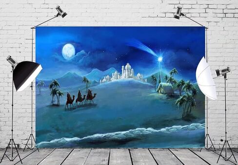 BELECO Fabric 7x5ft Nativity Scene Backdrop Christmas Night Stars Holy Family and Three Kings Desert Castle Cottage Manger Birth of Jesus Backdrop Outdoor Xmas Decor Church Religion Photo Booth Props in Kuwait