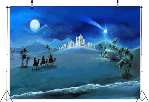 BELECO Fabric 7x5ft Nativity Scene Backdrop Christmas Night Stars Holy Family and Three Kings Desert Castle Cottage Manger Birth of Jesus Backdrop Outdoor Xmas Decor Church Religion Photo Booth Props in Kuwait